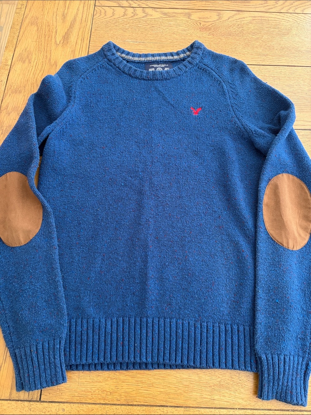 American Eagle Outfitters Blue Crewneck Sweater with Brown Elbow Patches